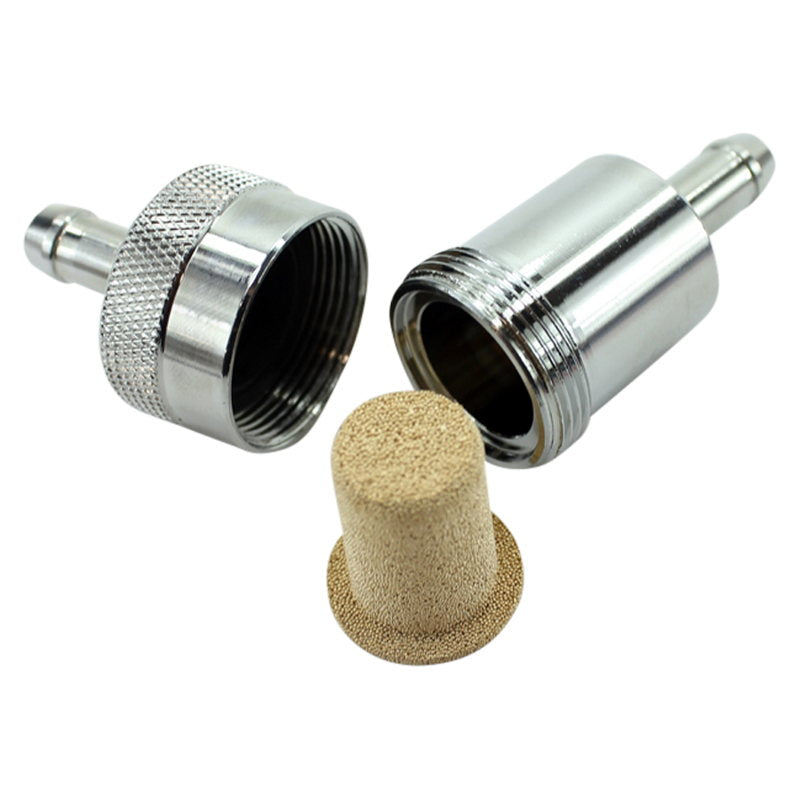 A pair of Mid-USA connectors with a Chrome High Performance Fuel Filter (1/4" Line), offering High Performance and Chrome finish.