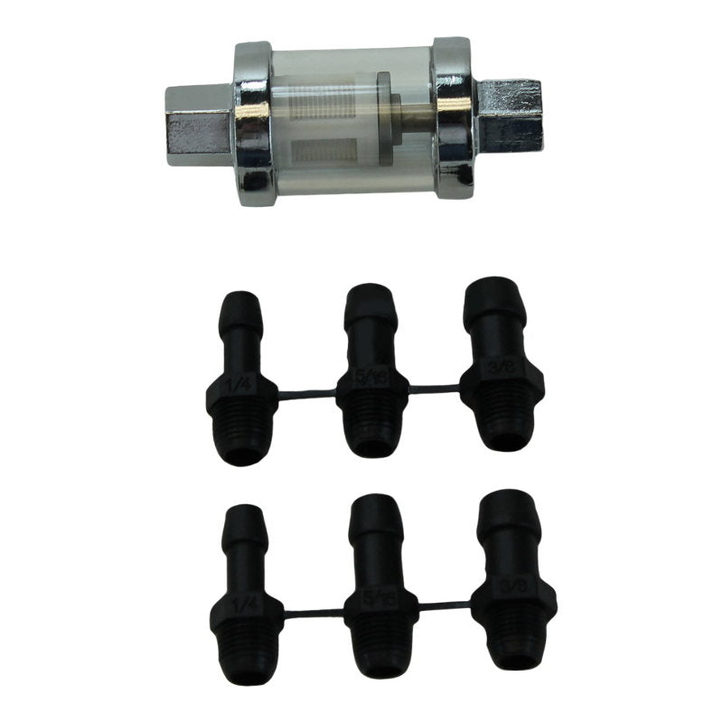A set of Mid-USA In-Line Glass Fuel Filter For 1/4",5/16"OR 3/8"ID Hose fittings and hoses on a white background include universal fuel filter.