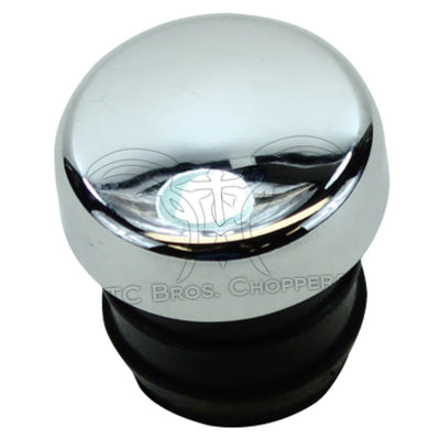 A chrome knob on a white background with a Mid-USA Oil Tank Fill Plug Fits All Harley Models With Push In Plug (No Dipstick).
