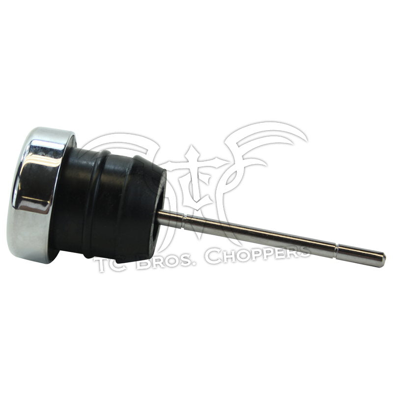 A Mid-USA Oil Tank Fill Plug Fits Softail 84-99 Sportster 82-03, 2-1/2" Dipstick HD# 62636-96 for a motorcycle with a chrome dipstick.