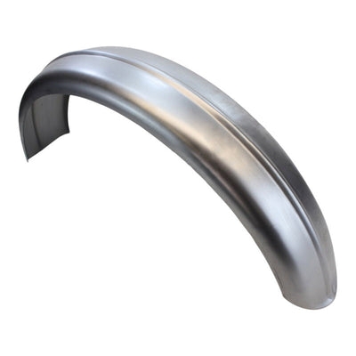 A Moto Iron® 5" Wide Raw Steel Ribbed Bobber Fender on a white background.