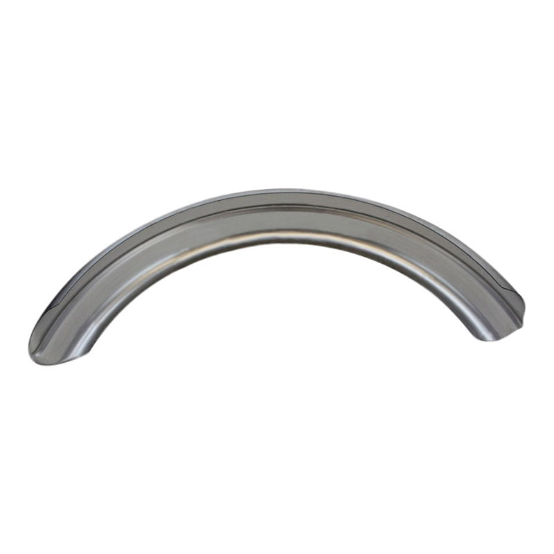 A Moto Iron® 5" Wide Raw Steel Ribbed Bobber Fender with a high quality stainless steel curved handle on a white background.