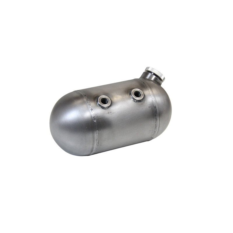 A TC Bros 5 inch Round Pill Style Chopper Oil Tank Universal Fit made of CNC machined stainless steel on a white background, providing a universal fit for oil storage.