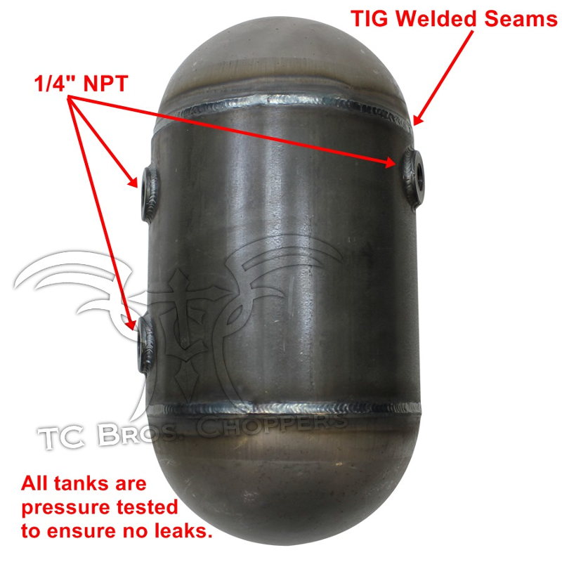 TC Bros 5 inch Round Pill Style Chopper Oil Tank Universal Fit, manufactured by TC Bros., has Tig welded seams on this CNC machined oil tank to ensure a universal fit.