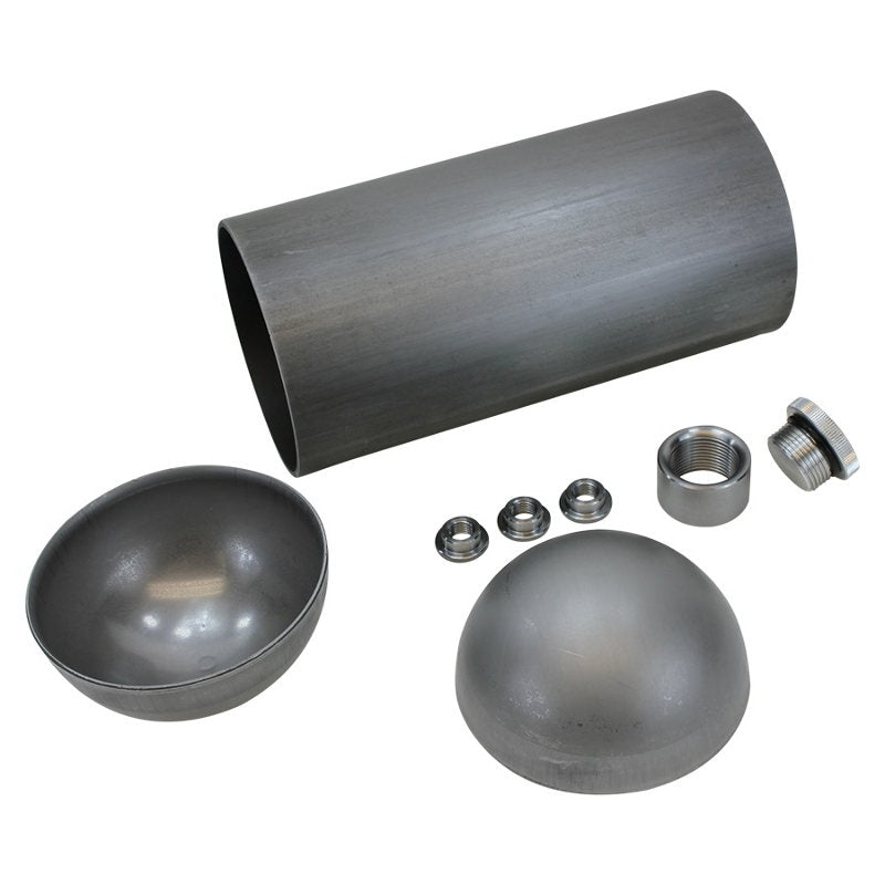 A set of TC Bros DIY 5 inch Pill Style Universal Chopper Oil Tank Kit and fittings for a custom chopper/bobber oil tank.
