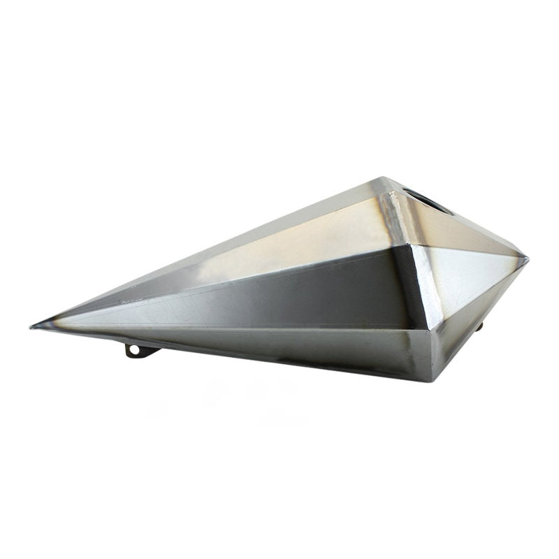 A metal triangle with a Wyatt Gatling vintage style 2.2 Gal Pointed Prism Gas Tank on a white background.