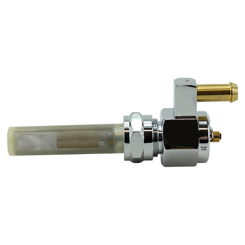 A Moto Iron® Billet petcock fuel valve 22mm straight outlet with a brass lever handle.