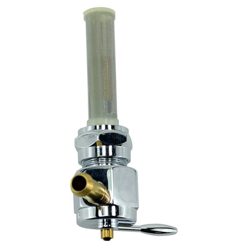 A Moto Iron® Billet petcock fuel valve 22mm 90 degree right outlet with a brass hose attached to it.