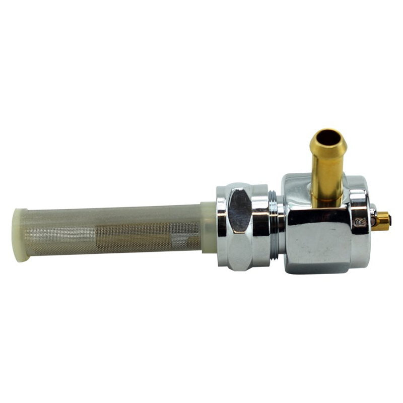 A Billet petcock fuel valve 22mm 90 degree right outlet with a gold handle by Moto Iron®.