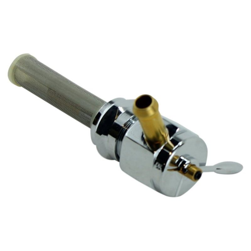 A chrome Moto Iron® Billet petcock fuel valve 22mm 90 degree right outlet with a brass handle.