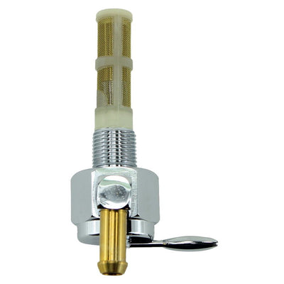A Moto Iron® Billet petcock fuel valve 3/8" NPT straight outlet with a gold handle.