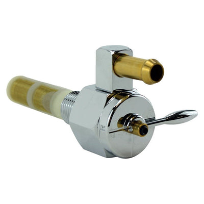 A Moto Iron® Billet petcock fuel valve 3/8" NPT straight outlet with a gold handle.