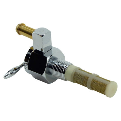 A Moto Iron® Billet petcock fuel valve 3/8" NPT straight outlet with a wooden handle on a white background.