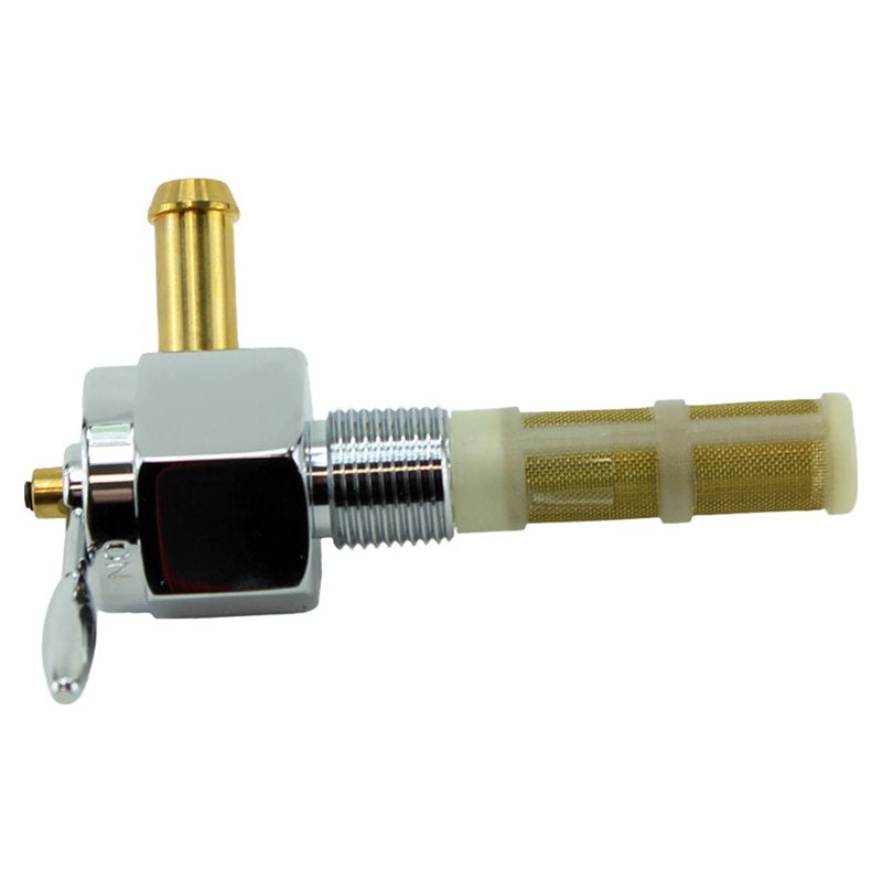 A Moto Iron® brass Billet petcock fuel valve with a chrome plated handle.