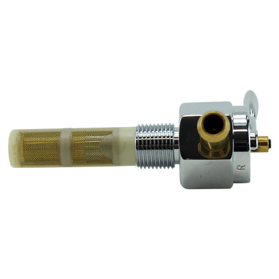 A Moto Iron® Billet petcock fuel valve 3/8" NPT 90 degree right outlet with a brass hose attached to it.