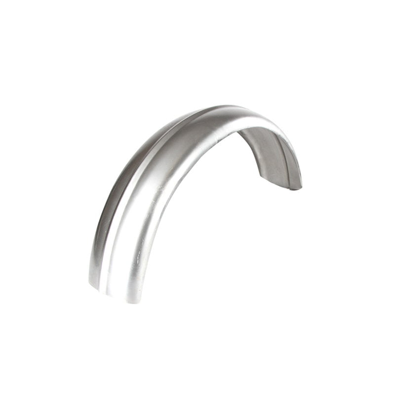 A high quality Moto Iron® 6" Wide Raw Steel Ribbed Bobber Fender on a white background.