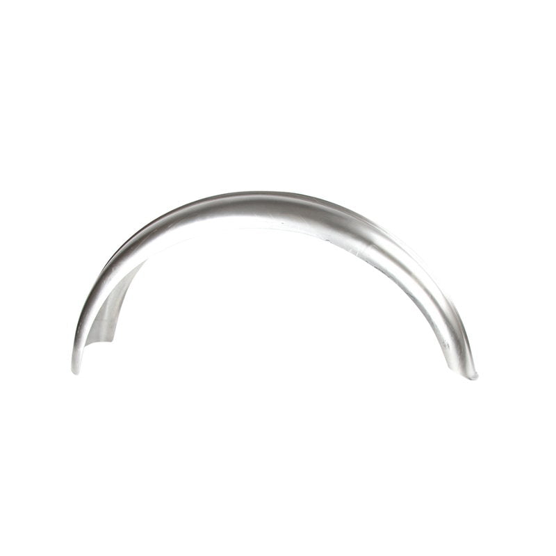 A silver curved rim on a white background featuring Moto Iron® 6" Wide Raw Steel Ribbed Bobber Fender.