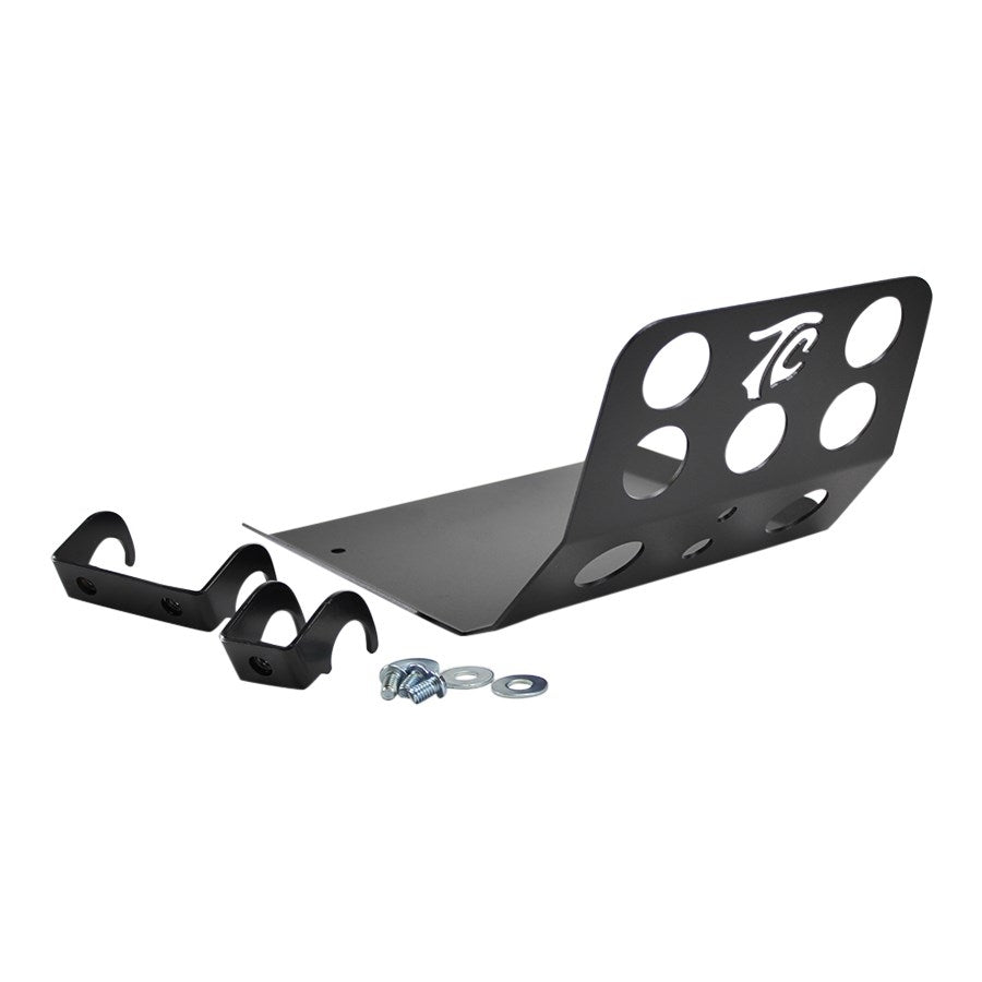 A TC Bros. Dyna Skid Plate 1991-2017 Models - Black with two hooks and a hook for installation on Harley Davidson Dyna models.