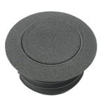 Two round flush gas caps—one matte black and one chrome—from Moto Iron®, with an inset image showing the black Pop-Up Gas Cap - Vented installed on a yellow motorcycle.