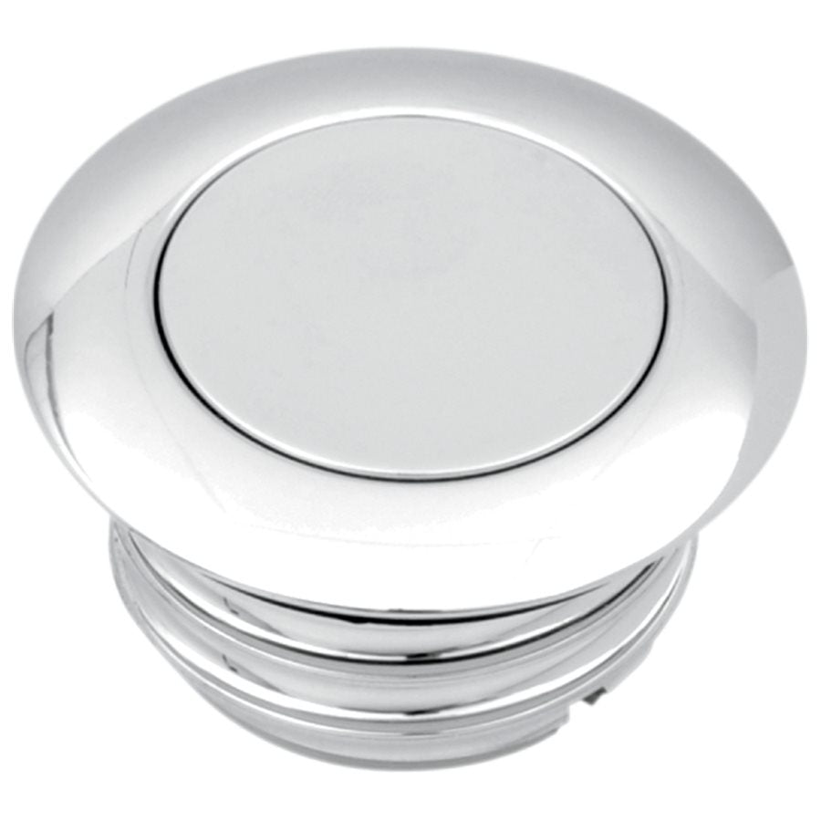 A Drag Specialties Pop-Up Gas Cap - Vented - Chrome, made of chrome, on a white background, featuring OEM-style gasket for Harley Models.