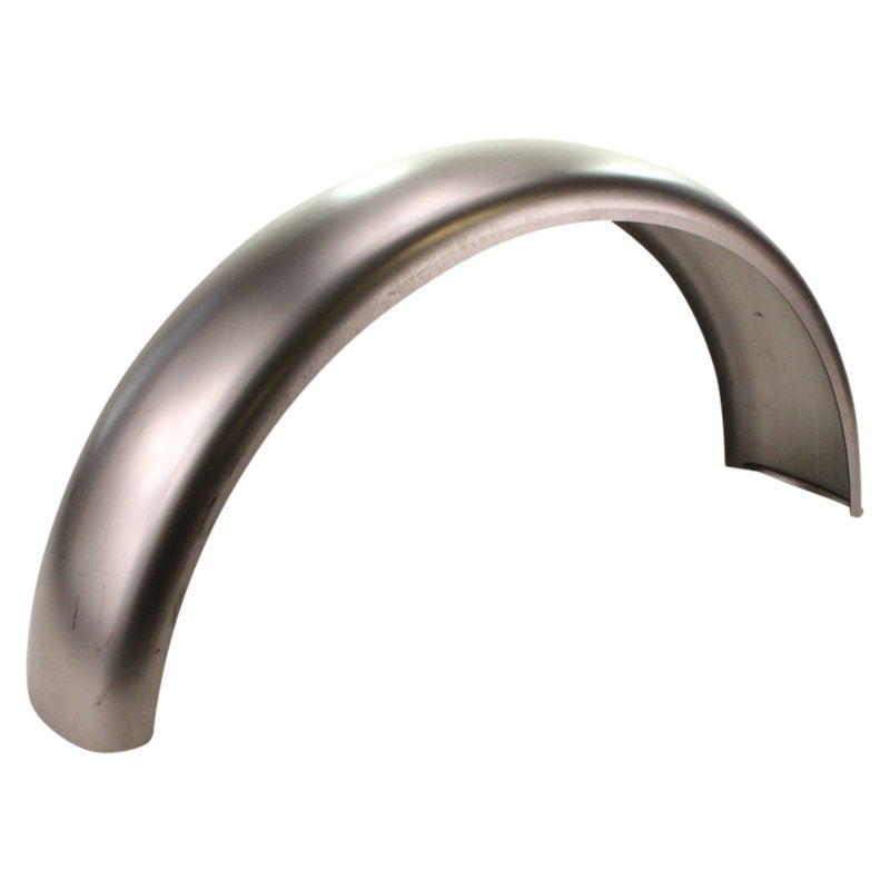 A Moto Iron® 5.5" Wide Smooth Profile Bobber Fender with a stainless steel curved rim on a white background.