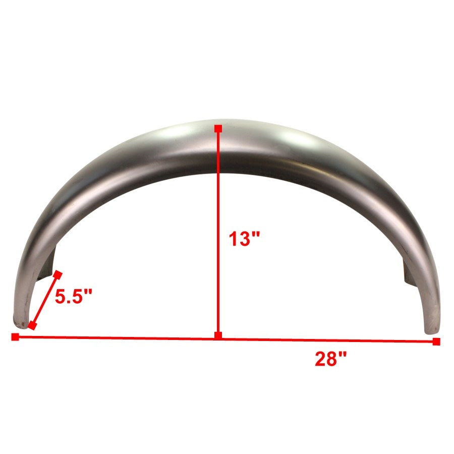 A picture of the measurements for a Moto Iron® stainless steel 5.5" Wide Smooth Profile Bobber Fender.