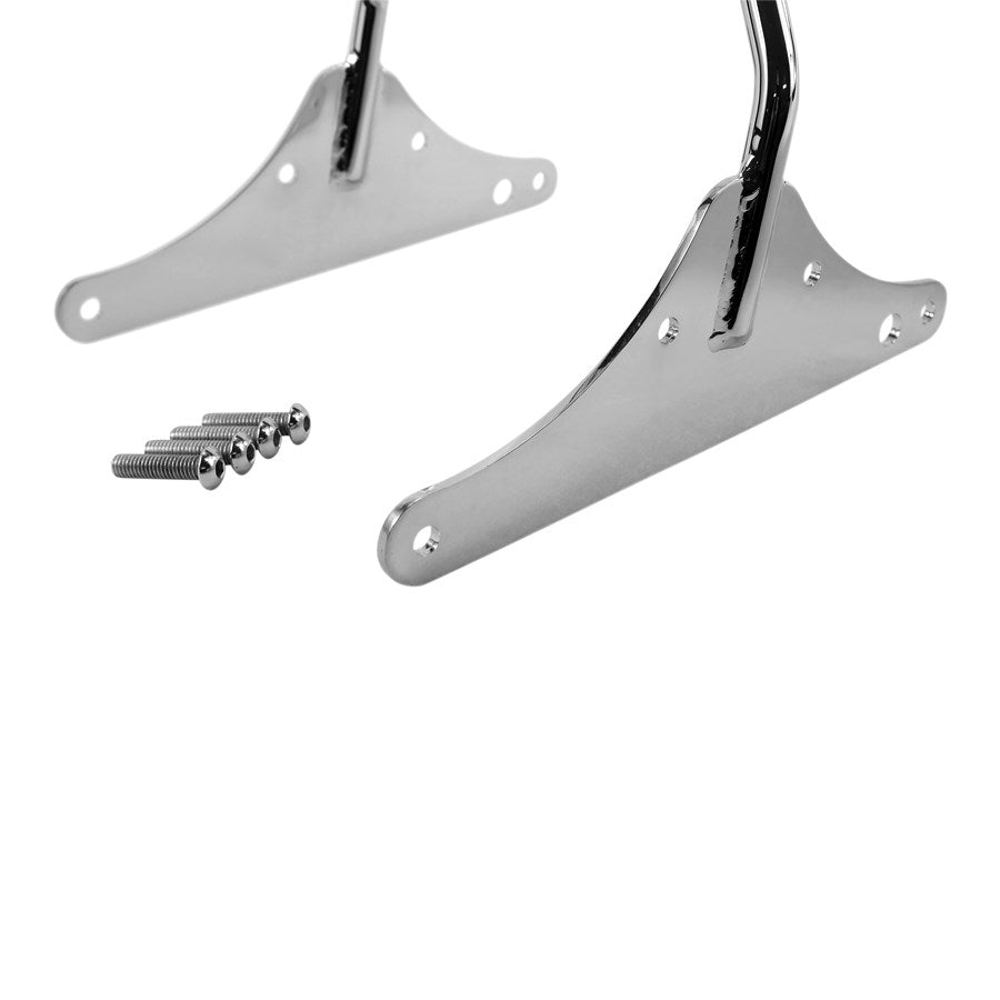 A pair of TC Bros. Dyna 02-05 Kickback Sissy Bar Chrome brackets with screws and bolts, perfect for attaching a sissy bar to your Harley Davidson gear.