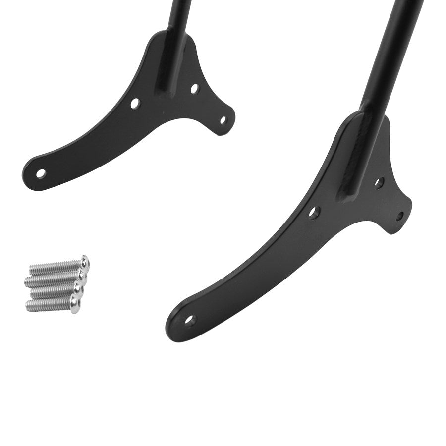 A pair of TC Bros. Sportster 94-03 Kickback Sissy Bar Black brackets with bolts, specifically designed as bolt-on accessories for a Sportster.