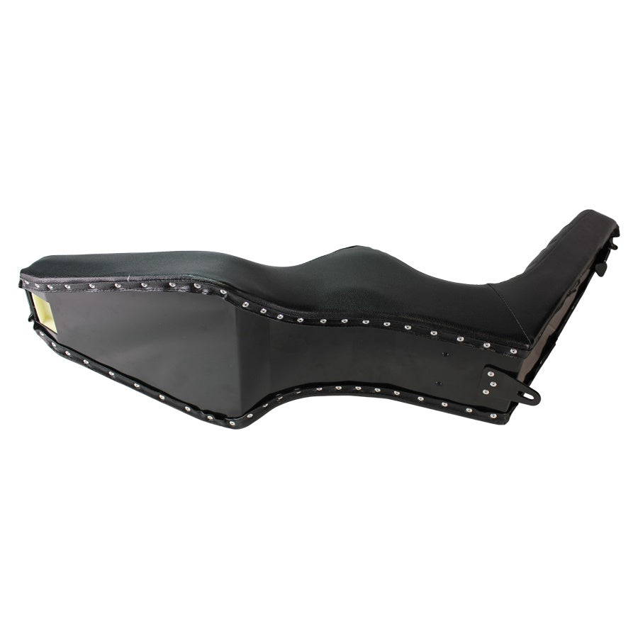 A TC Bros. Sportster King & Queen Seat fits 1994-2003 Black Pleated with rivets on it.
