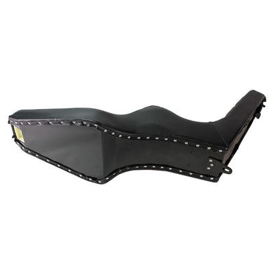 A black leather TC Bros. Sportster King & Queen Seat with rivets on it.