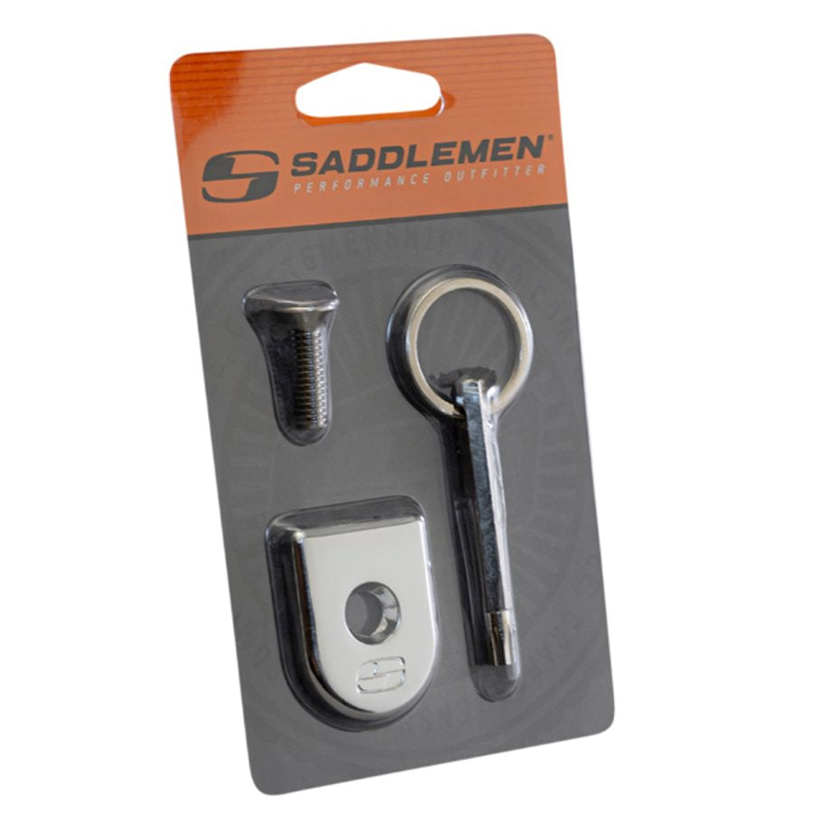 A Saddlemen security package with a Saddlemen ATAB Security Seat Screw in Chrome and a key ring to protect.