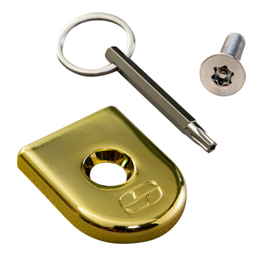 A Saddlemen gold key ring with a key and an ATAB Security Seat Screw.
