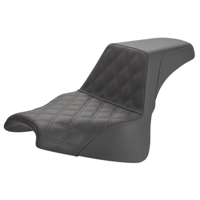 The Saddlemen Step-Up Seat 2018-24 FXFB/FXFBS features a black Front Diamond Stitch design, Ultra-Foam for comfort, and a GelCore interior with a high backrest for sleek support.