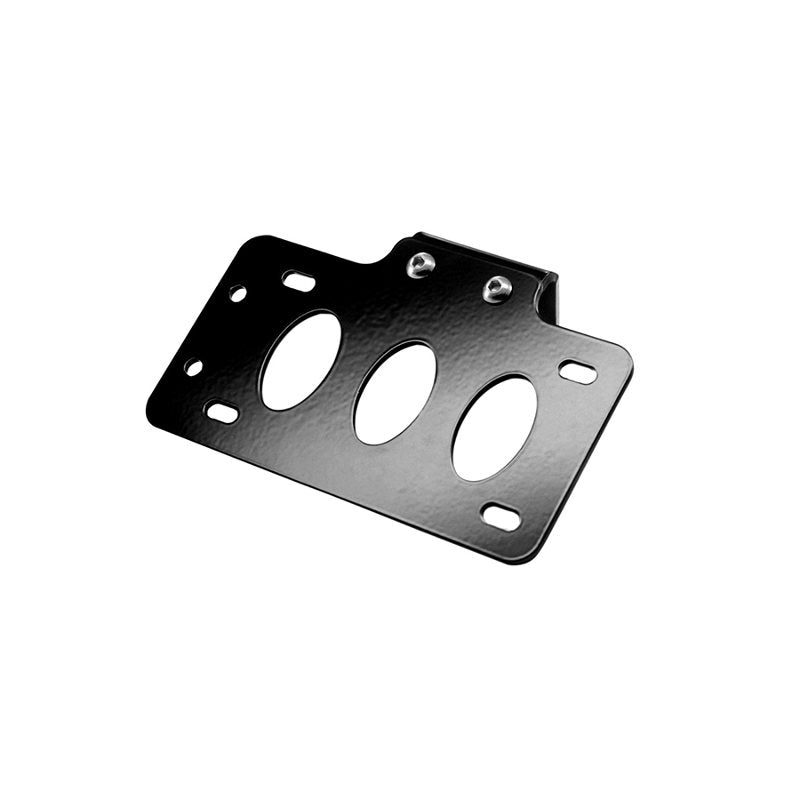 A plate with holes for a license plate, offering mounting options and a TC Bros. Side Mount License Plate Bracket (with no light) 20mm (3/4") Axle Mount bracket.
