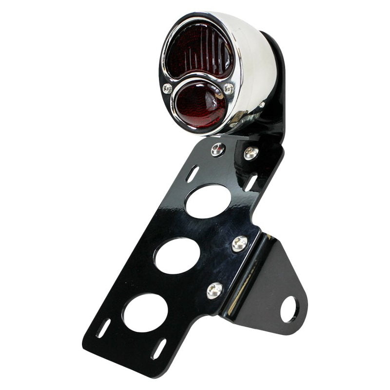A versatile TC Bros. Model A Side Mount Tail Light/License Plate Bracket for a black motorcycle tail light with a red light that includes a side mount license plate.