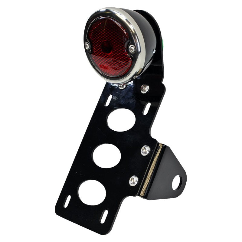 A TC Bros. Black 33 Ford Replica Side Mount Tail Light/License Plate Bracket motorcycle tail light with a red light and side mount license plate.