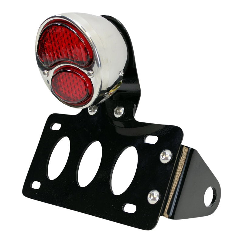 A black TC Bros. LED Model A Side Mount Tail Light/License Plate Bracket with red lights.