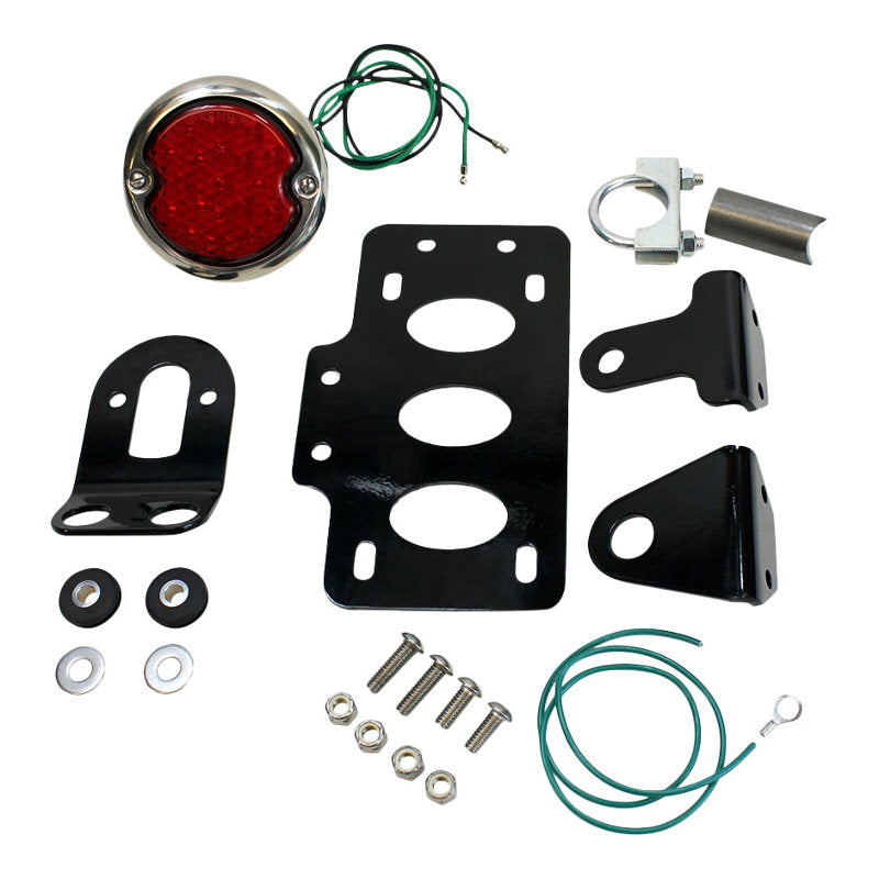 A set of parts for a motorcycle with a TC Bros. LED 33 Ford Replica Side Mount Tail Light/License Plate Bracket and LED tail light.