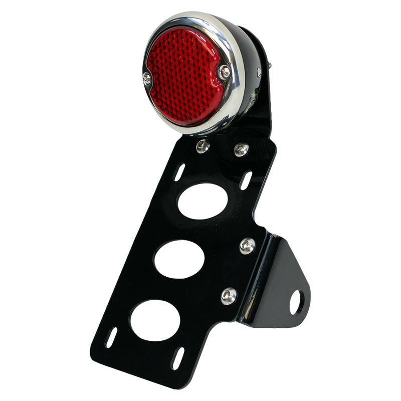 A TC Bros. LED Black 33 Ford Replica Side Mount Tail Light/License Plate Bracket with a red light and a versatile bracket.