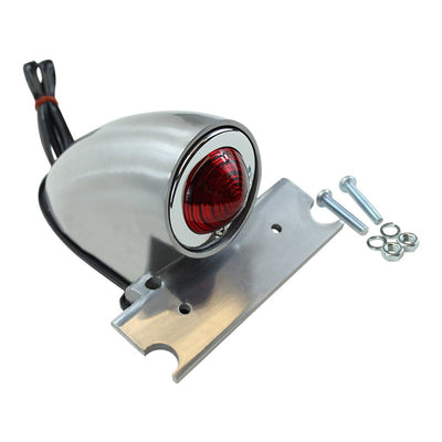 A polished aluminum Moto Iron® Sparto Tail Light with a 12 Volt Sparto Brake/Tail Lamp and a red light.