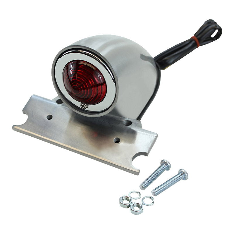 A Moto Iron® Polished Aluminum Sparto Tail Light with a polished aluminum housing on a white background.