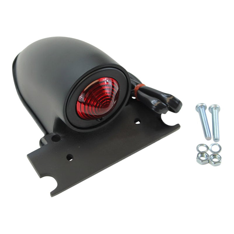 A Moto Iron® Black Sparto Tail Light with a red light.