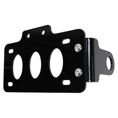 A black TC Bros. mounting bracket for a motorcycle with three holes, ideal for TC Bros. Side Mount License Plate Bracket (with no light) 1" Axle Mount position.