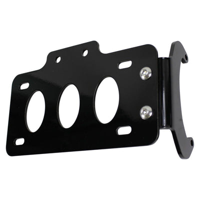 A black mounting bracket for a motorcycle with three holes, designed as a TC Bros. Side Mount License Plate Bracket (with no light) '91-'03 Sportster Primary Mount and equipped with LED License Plate Lights/Bolts.