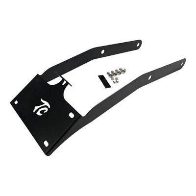A black TC Bros. license plate relocation bracket, center mounted plate holder specifically for Harley Davidson 2018-up M8 Softail Street Bob and Slim motorcycles.