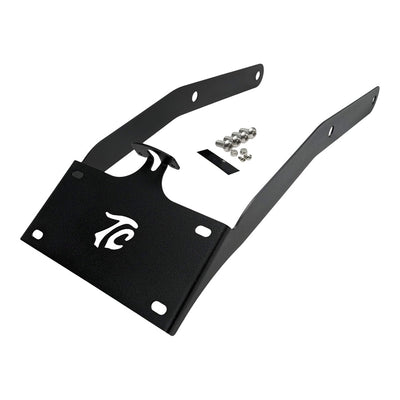 A TC Bros. License Plate Relocation Bracket for Harley Davidson 2018+ Softail Street Bob and Slim that allows for the center mounted plate holder on a Harley Davidson 2018-up M8 Softail Street Bob and Slim.