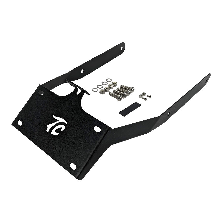 A black TC Bros. License Plate Relocation Bracket for Harley Davidson 2018+ Softail Fat Bob FXFB FXFBS.