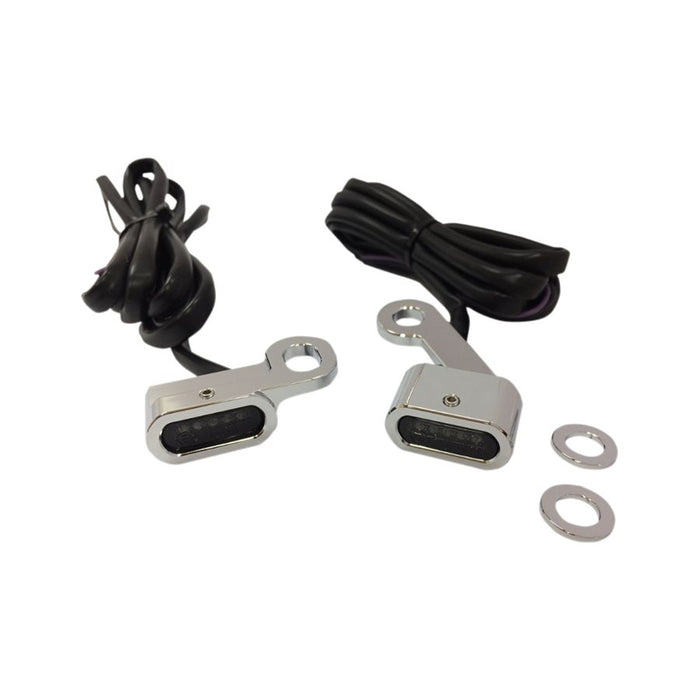 Drag Specialties offers LED Handlebar Marker Lights 2004-21 Sportster - Chrome with billet aluminum housings and high-intensity amber LEDs and smoke lens for enhanced visibility.