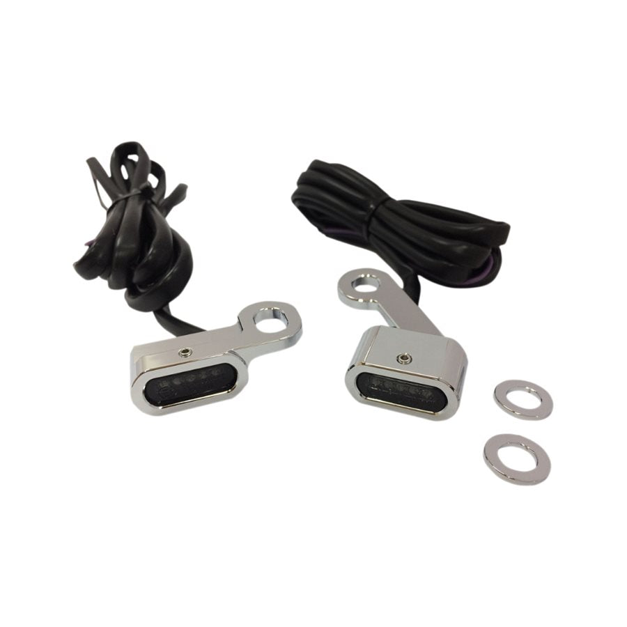 Drag Specialties offers LED Handlebar Marker Lights 2004-21 Sportster - Chrome with billet aluminum housings and high-intensity amber LEDs and smoke lens for enhanced visibility.