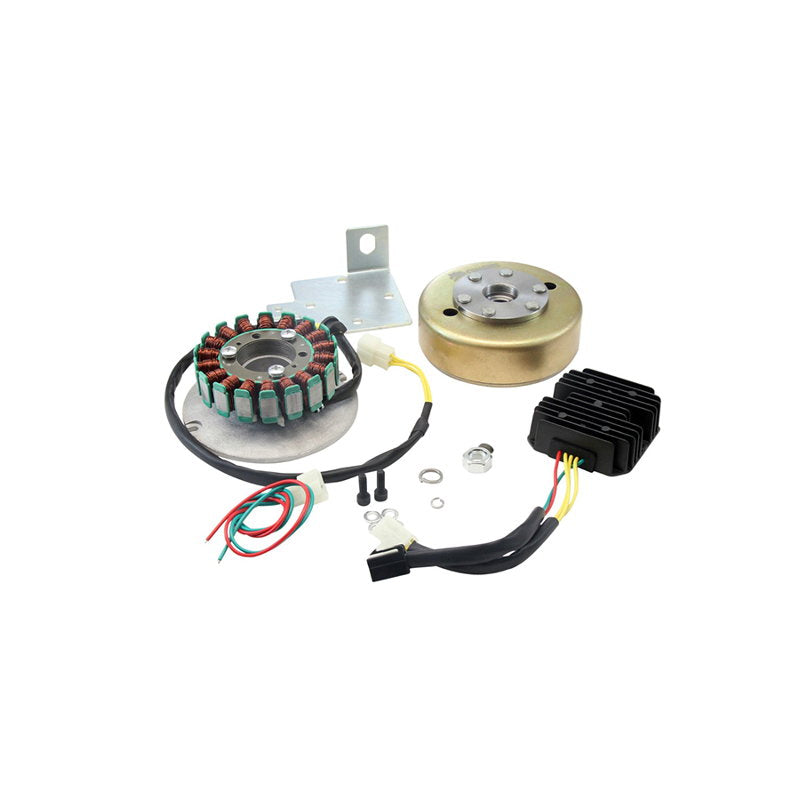 An XSCharge™ XS650 Permanent Magnet Alternator Kit PMA (Fits All Years) for a motorcycle, specifically the Yamaha XS650 model, that includes both the battery and the charging system.